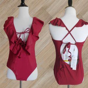 CRANBERRY RUFFLE ONE PIECE SWIMSUIT